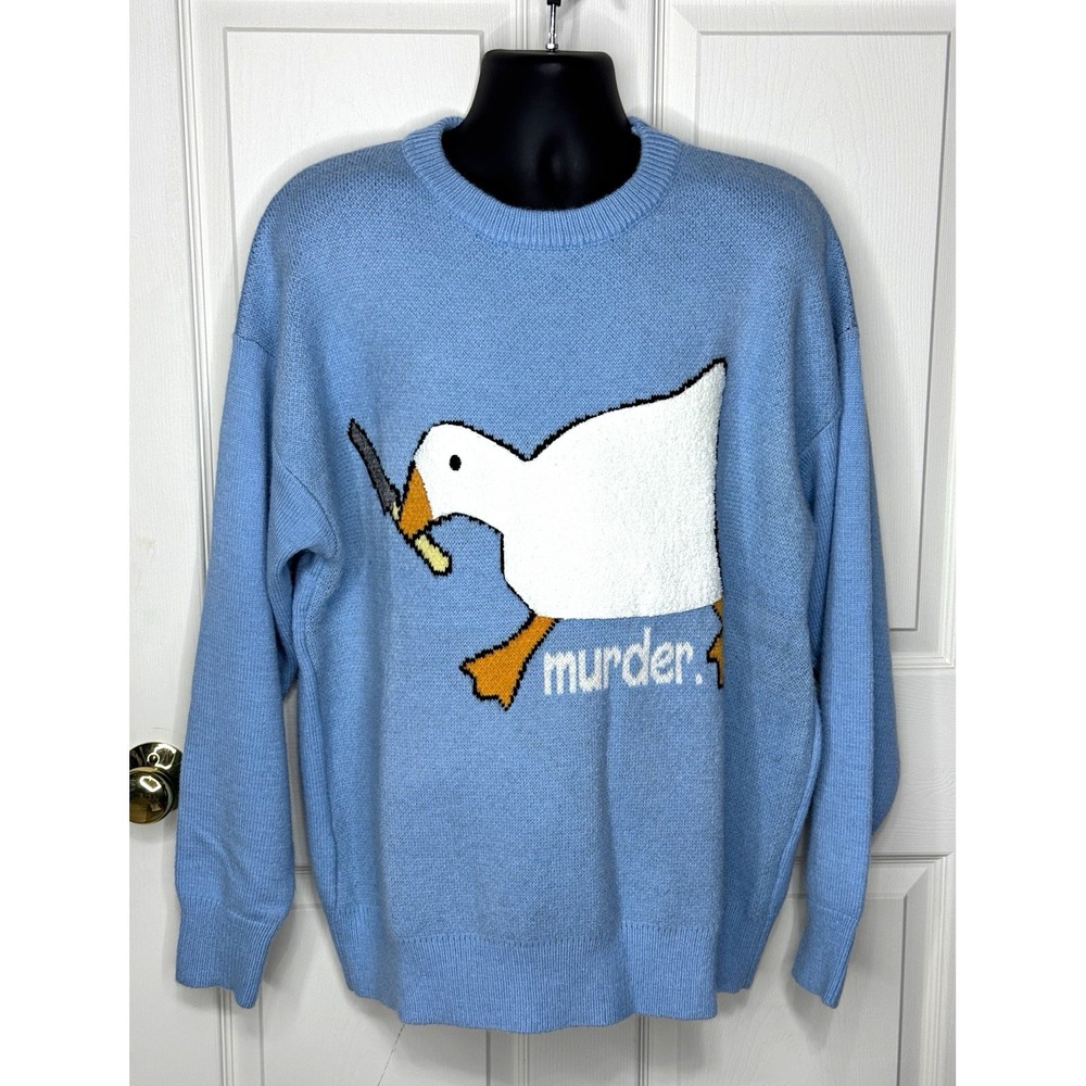 Aelfric Eden Unisex XL Blue Knit Crewneck Sweater Goose Duck Murder Graphic
